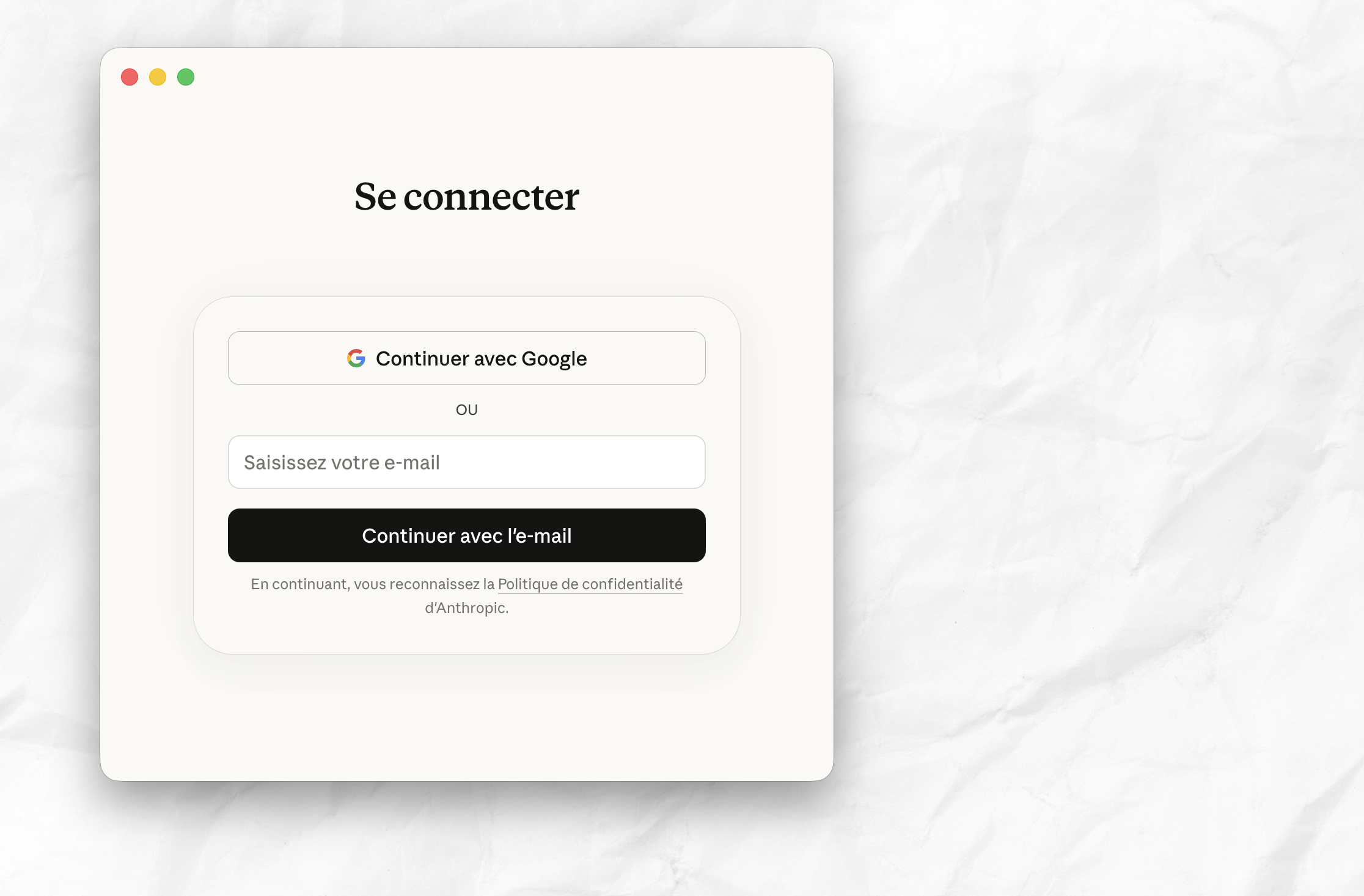 Écran de connexion de l'app Claude : Continuer avec Google ou par e-mail