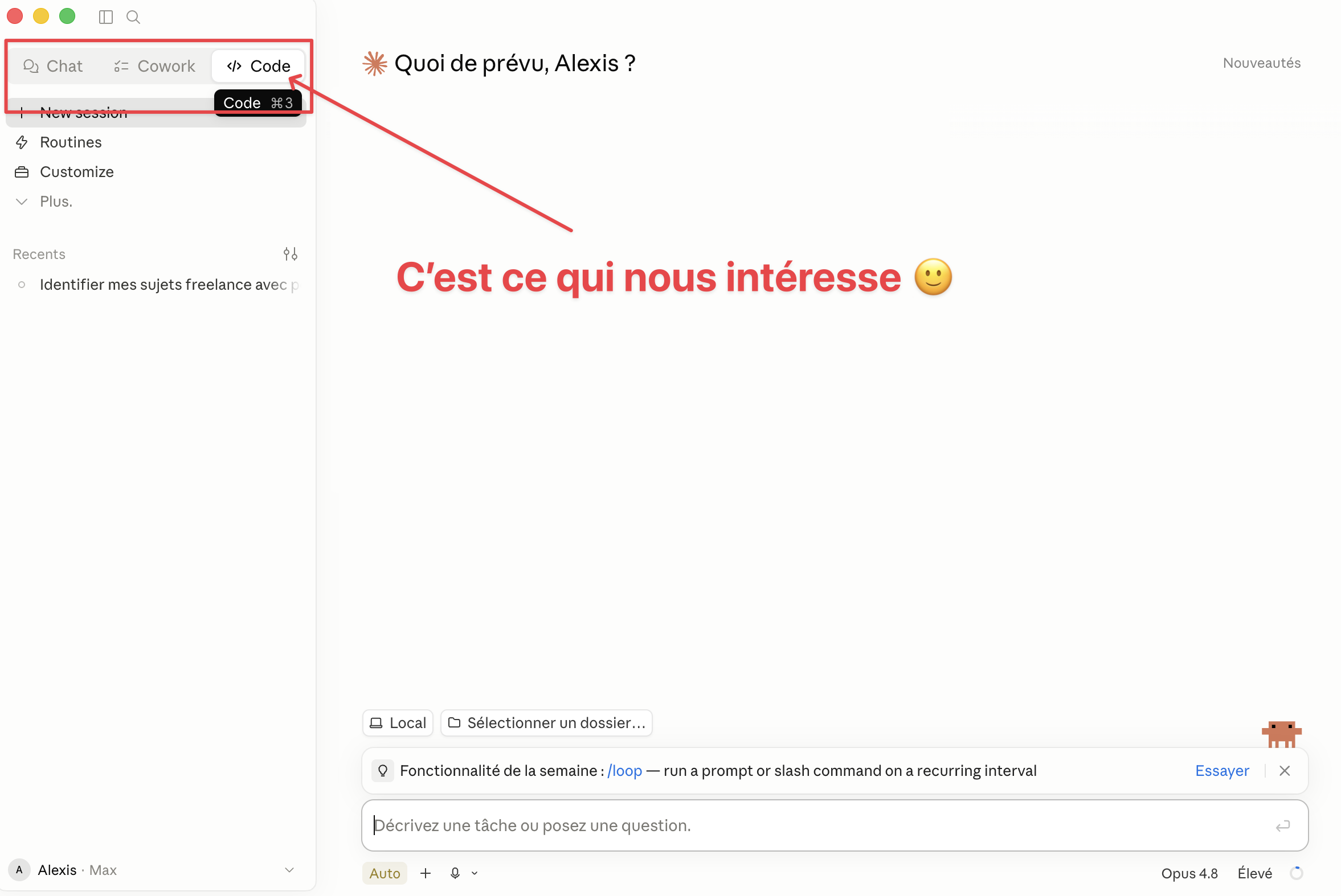 Les 3 onglets Chat, Cowork, Code en haut de l'app, avec Code sélectionné